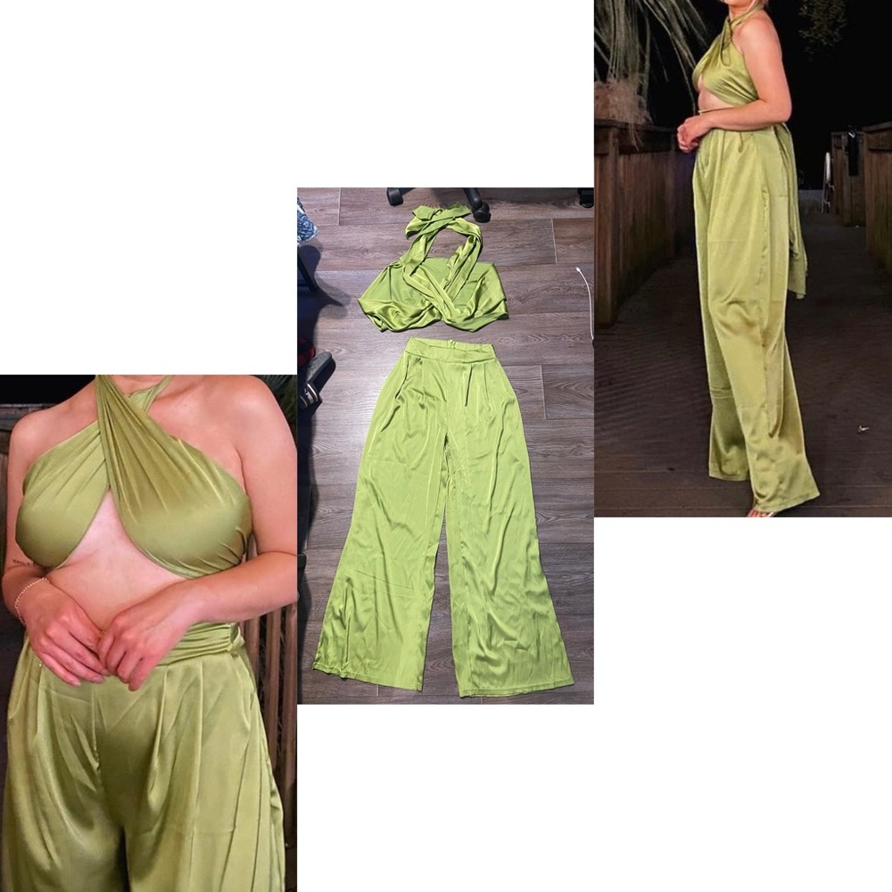Elegant Satin Green Women's Two Piece Outfiy